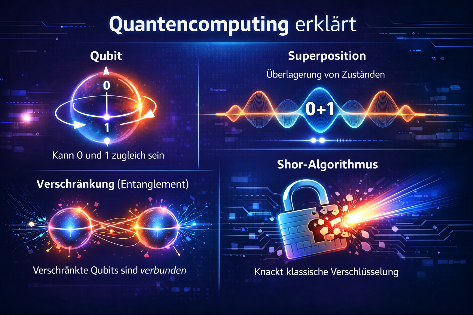 Visualisierung zur Bedrohung klassischer Kryptografie durch Quantencomputer