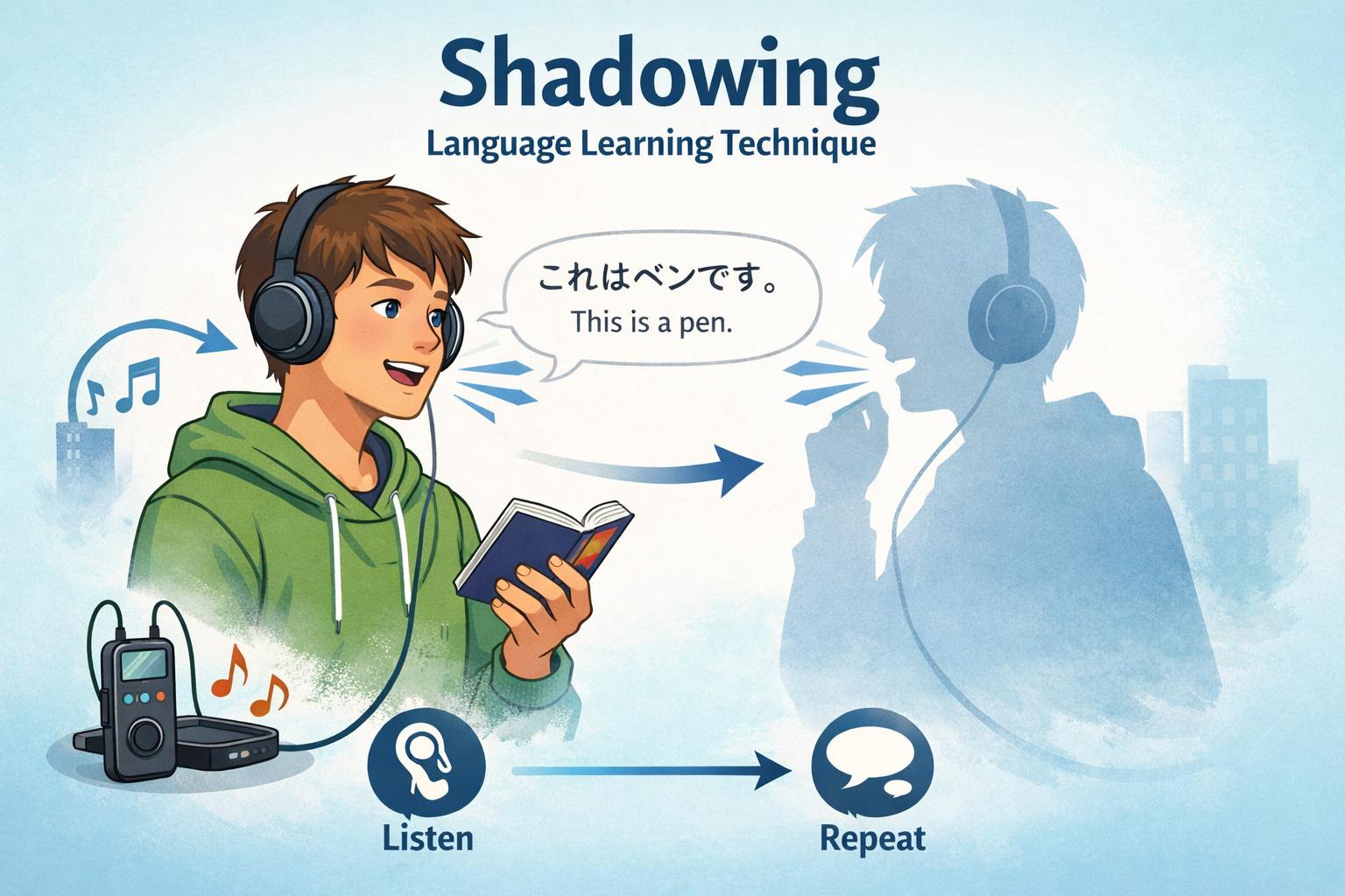 Shadowing Sprachlern-Methode mit Audio, Nachsprechen und Feedback