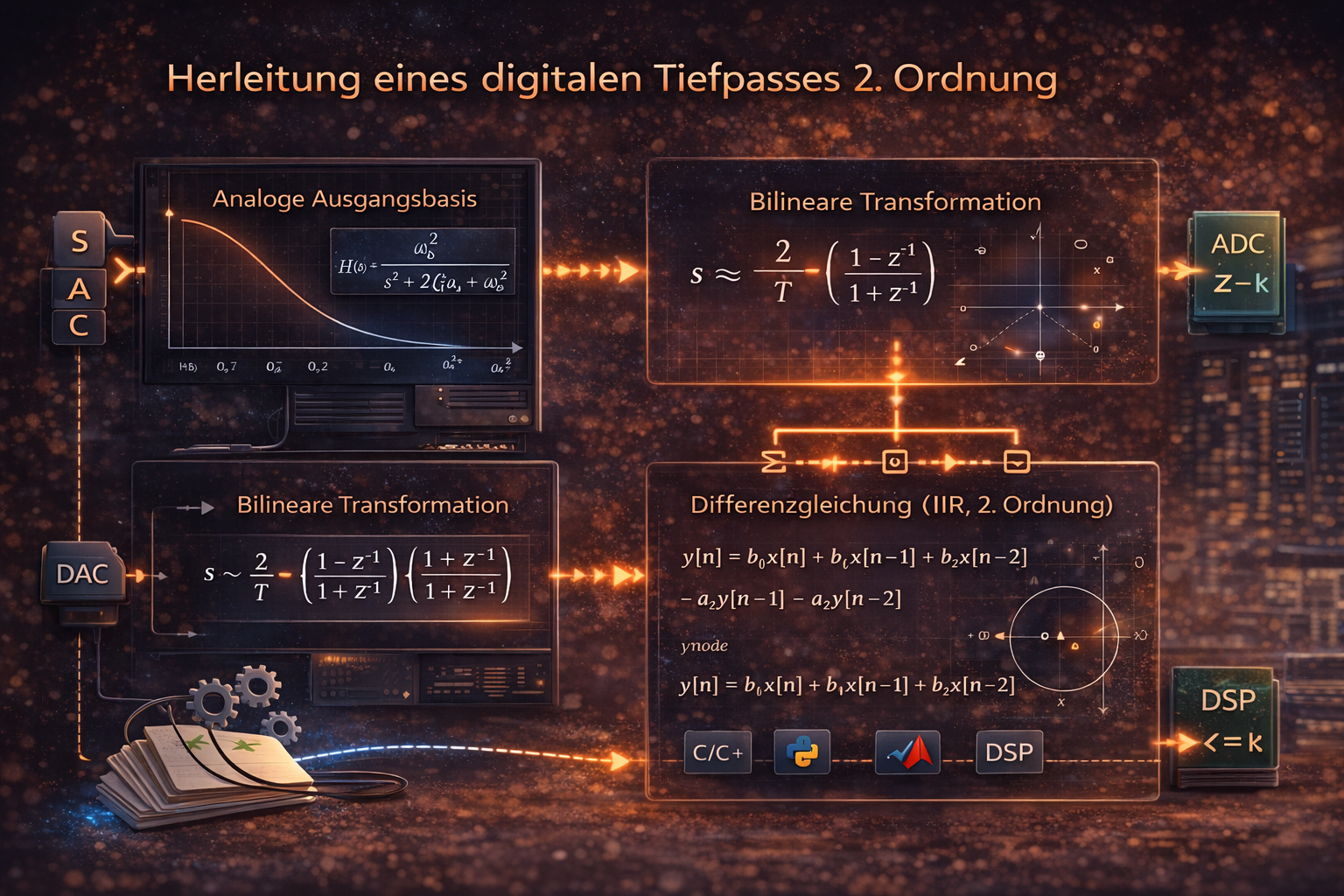 Blockschema zur Herleitung eines digitalen Tiefpasses 2. Ordnung